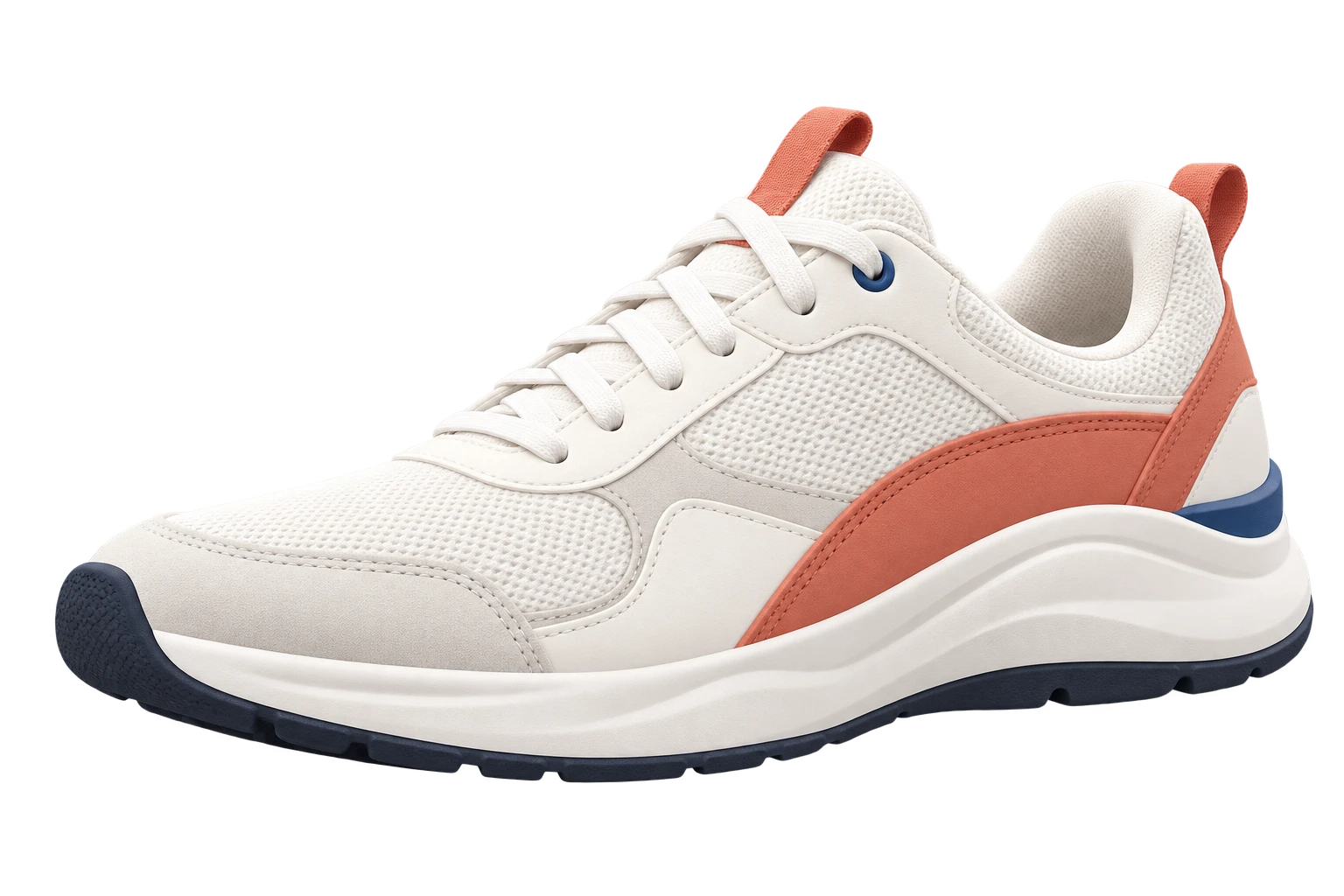 White running sneaker with coral accents
