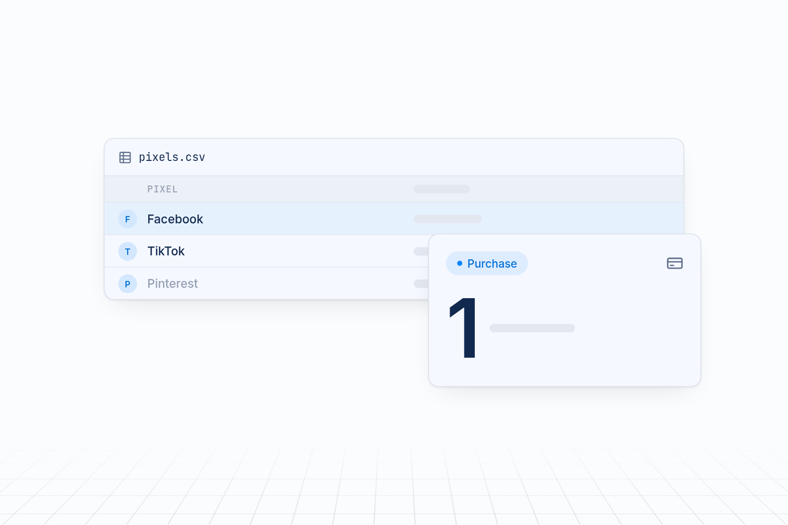 Table of pixel data for Facebook, TikTok and Pinterest, with a small panel on its corner showing a green Purchase event.