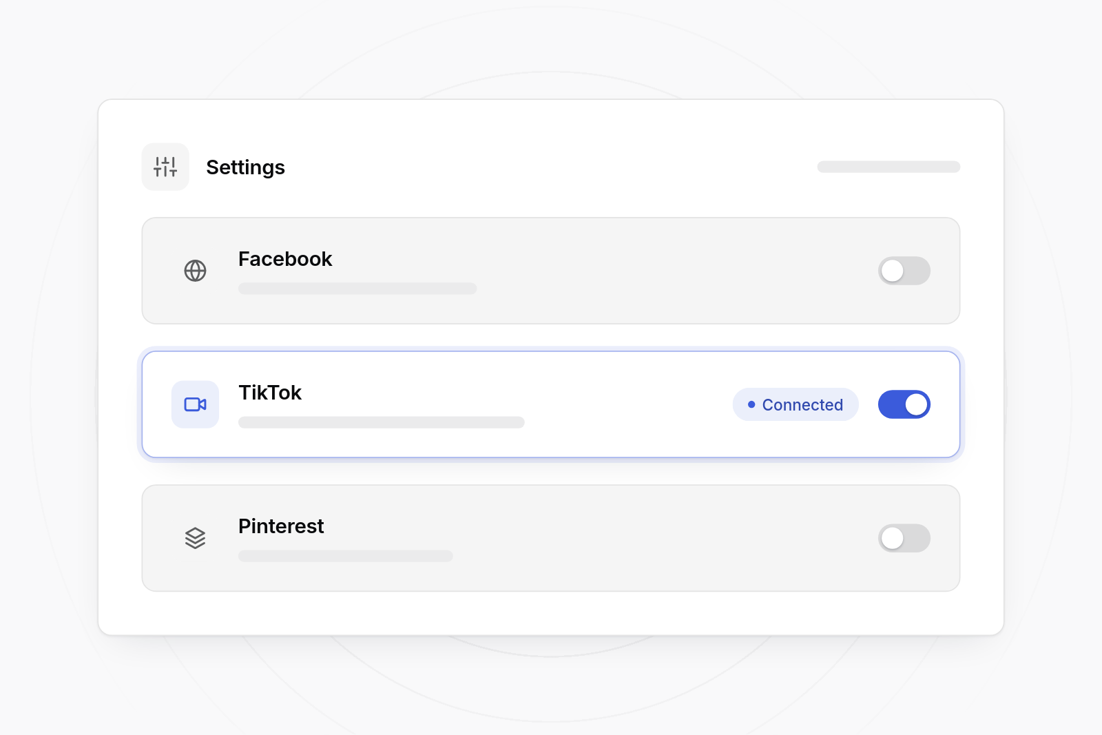 Settings panel listing Facebook, TikTok and Pinterest with toggles, where only TikTok is on and marked Connected.